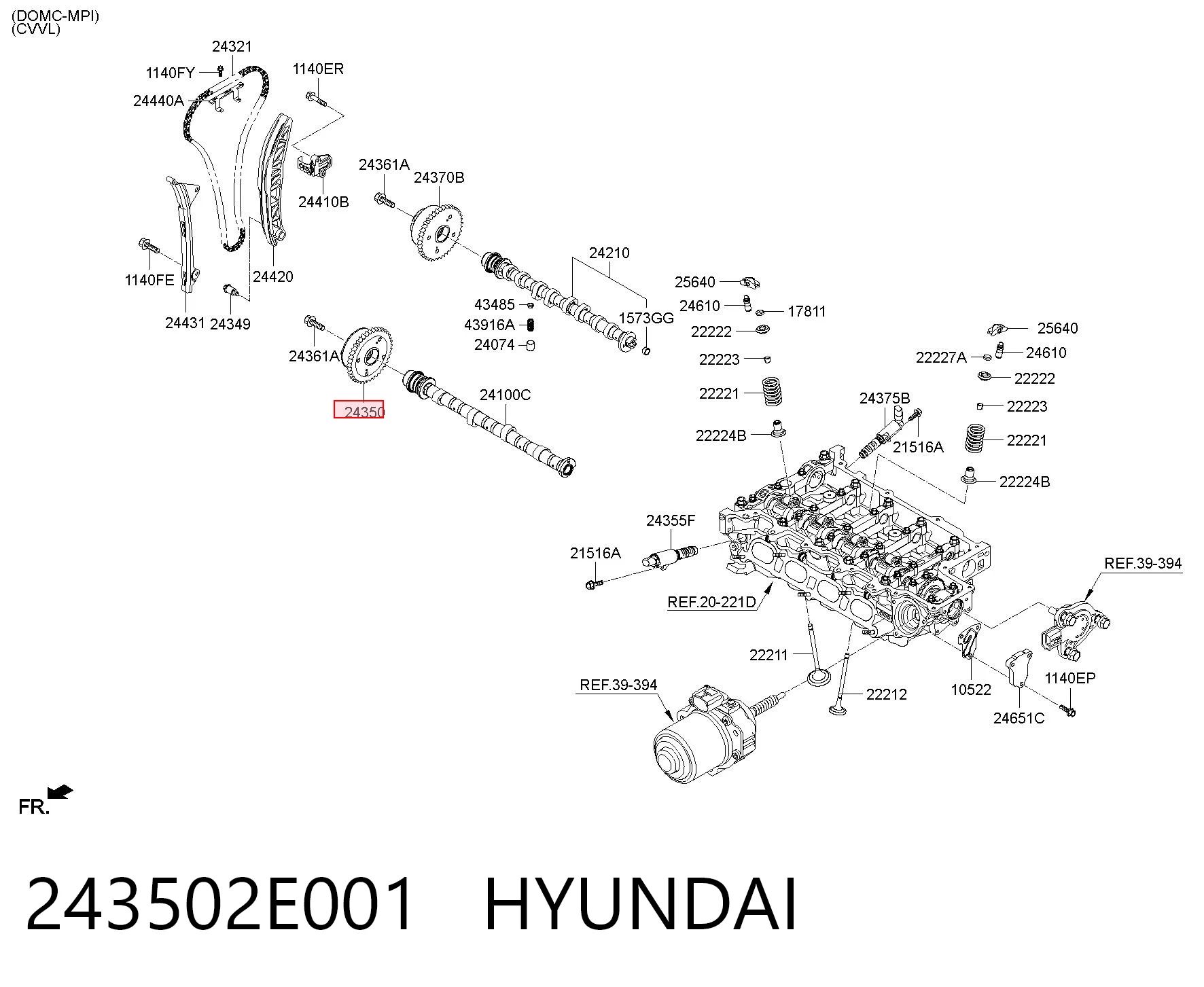 243502E001 Hyundai/Kia Engrenagem de cadeia de roda dentada da árvore distribuidora de admissão de motor