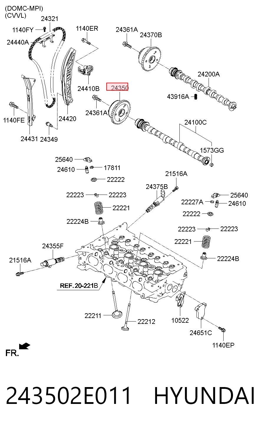 243502E011 Hyundai/Kia Engrenagem de cadeia de roda dentada da árvore distribuidora de admissão de motor