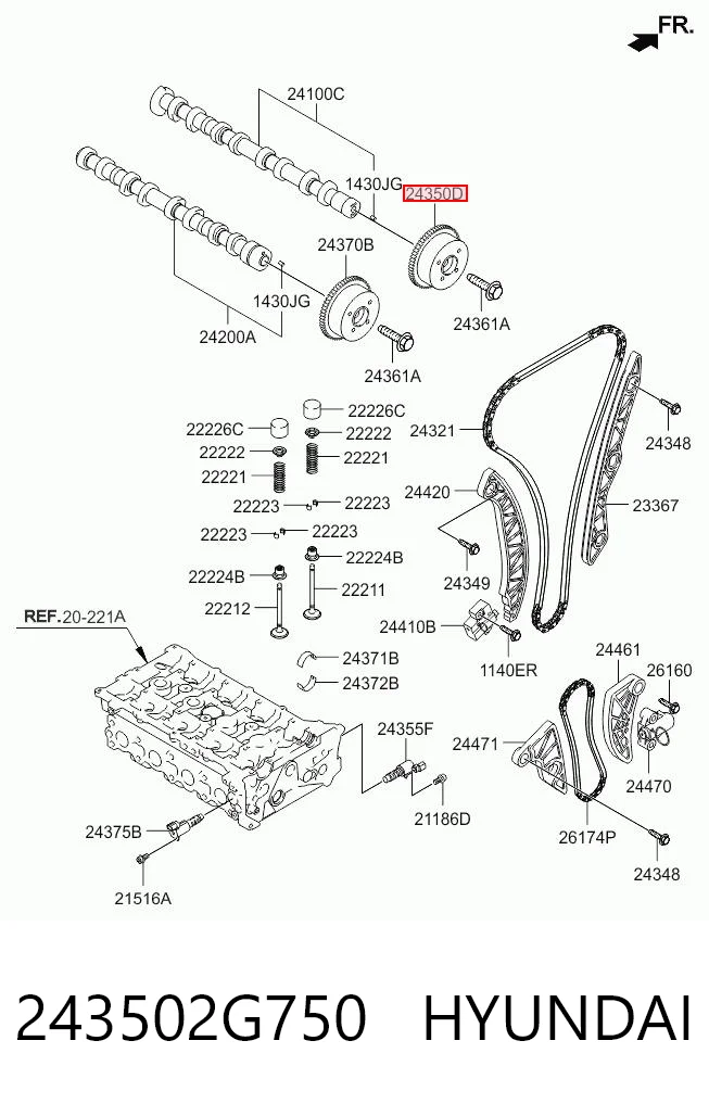 243502G750 Hyundai/Kia Engrenagem de cadeia de roda dentada da árvore distribuidora de admissão de motor