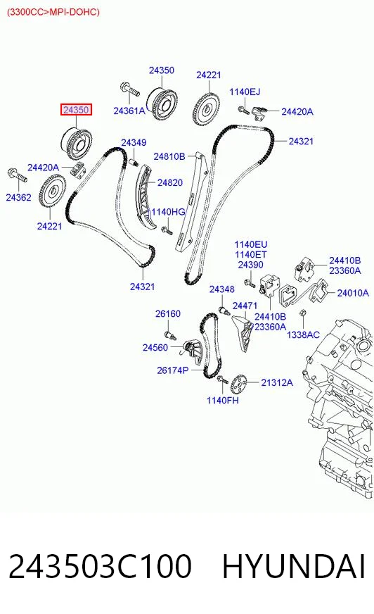 243503C100 Hyundai/Kia Engrenagem de cadeia de roda dentada da árvore distribuidora de admissão de motor