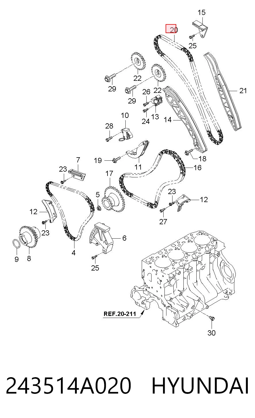 243514A020 Hyundai/Kia Cadeia superior do mecanismo de distribuição de gás