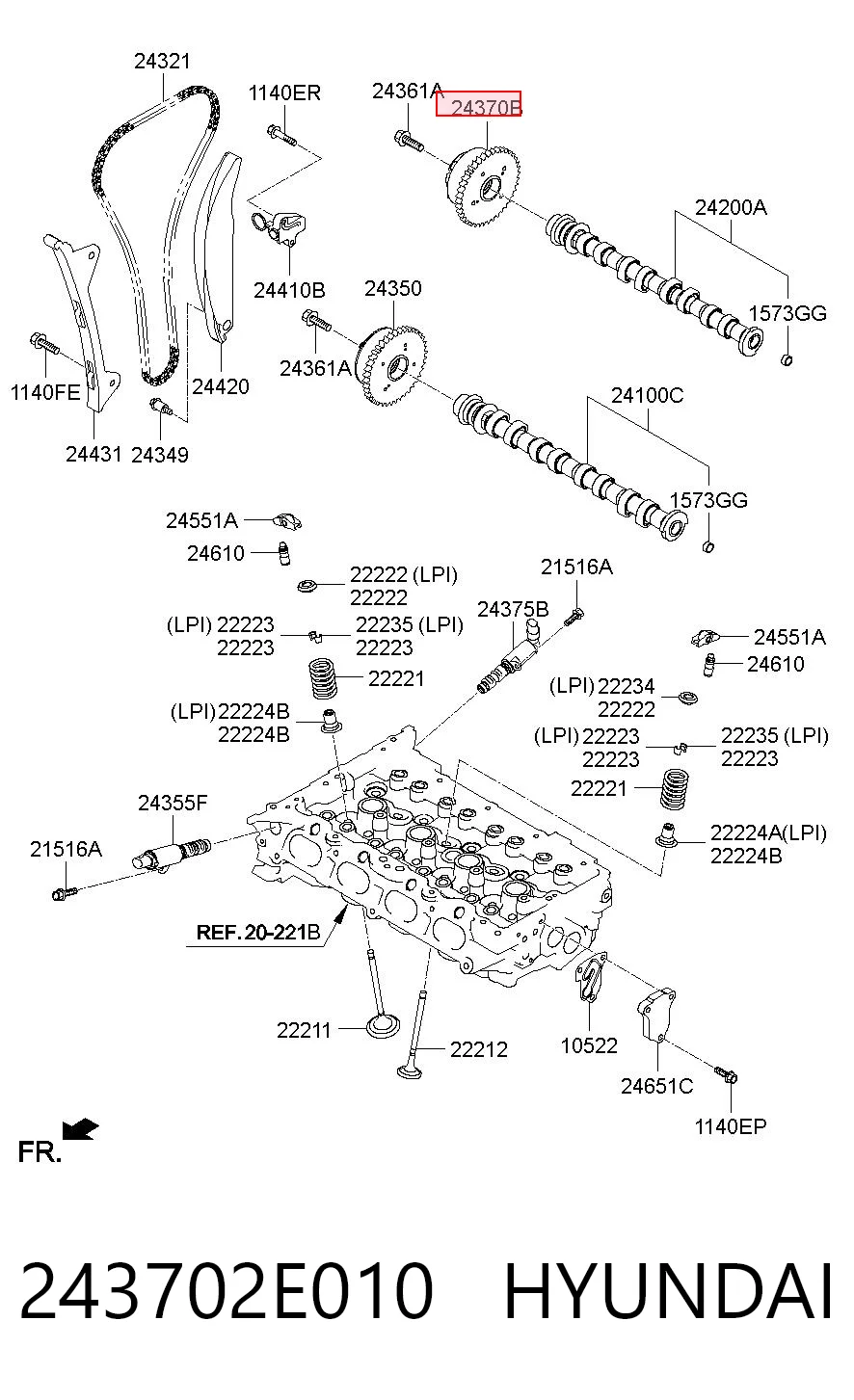 243702E010 Hyundai/Kia Engrenagem de cadeia de roda dentada da árvore distribuidora de escape de motor