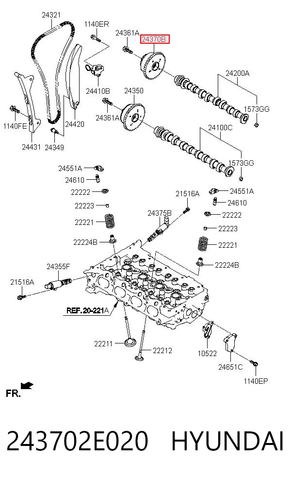 243702E020 Hyundai/Kia Engrenagem de cadeia de roda dentada da árvore distribuidora de escape de motor