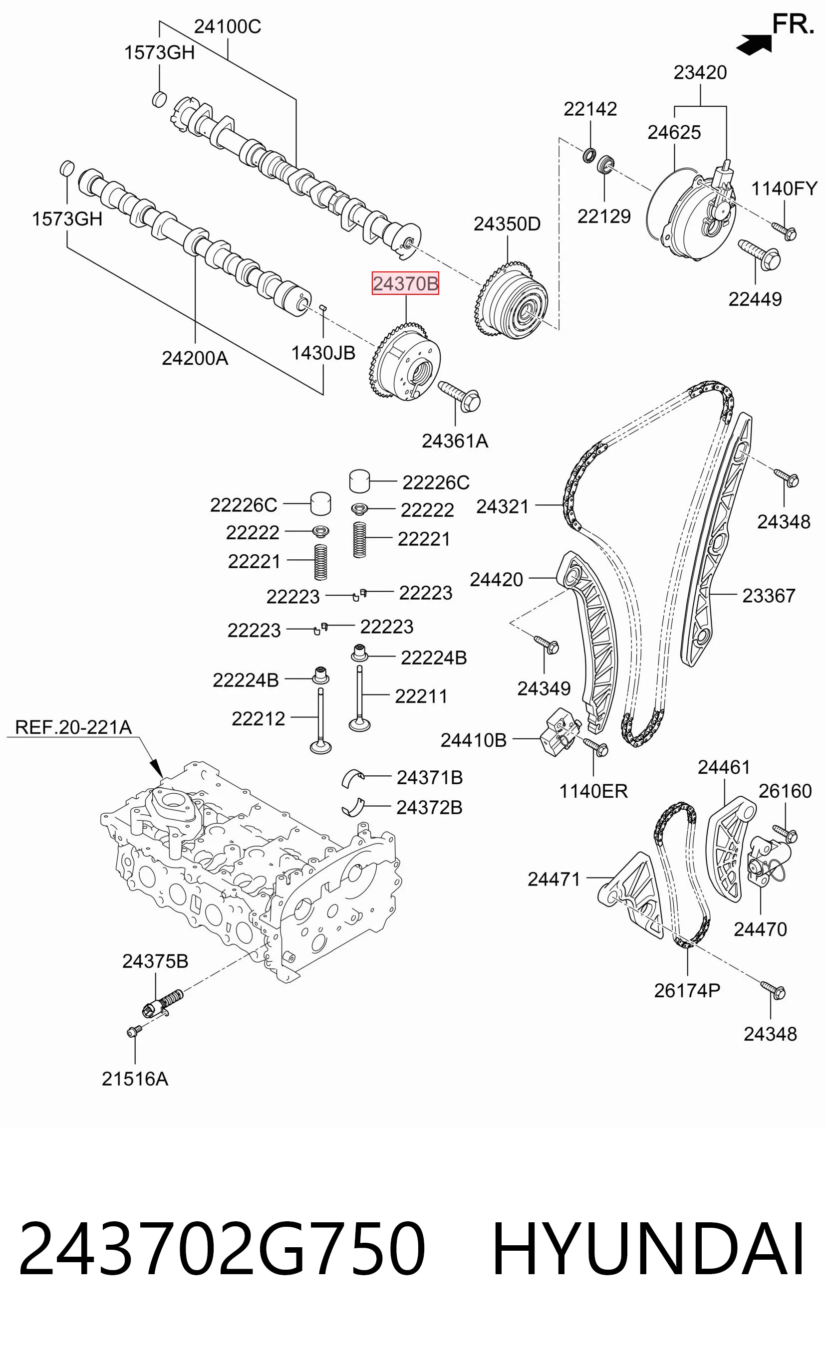 243702G750 Hyundai/Kia Engrenagem de cadeia de roda dentada da árvore distribuidora de escape de motor