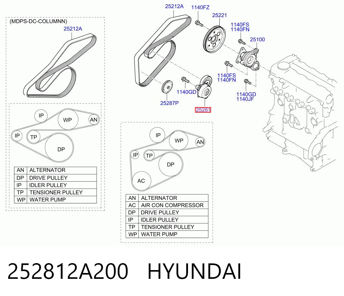 252812A200 Hyundai/Kia Reguladora de tensão da correia de transmissão