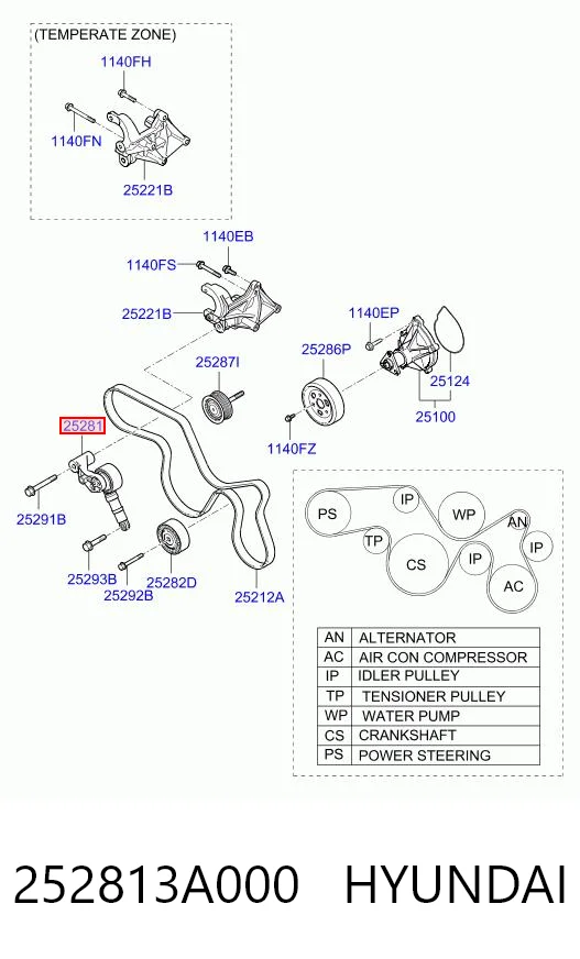 252813A000 Hyundai/Kia Reguladora de tensão da correia de transmissão