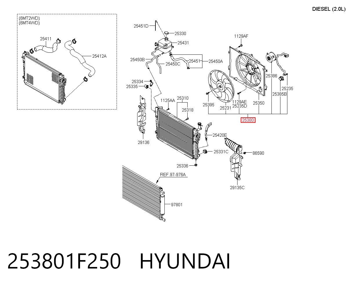 253801F250 Hyundai/Kia Difusor do radiador de esfriamento, montado com motor e roda de aletas