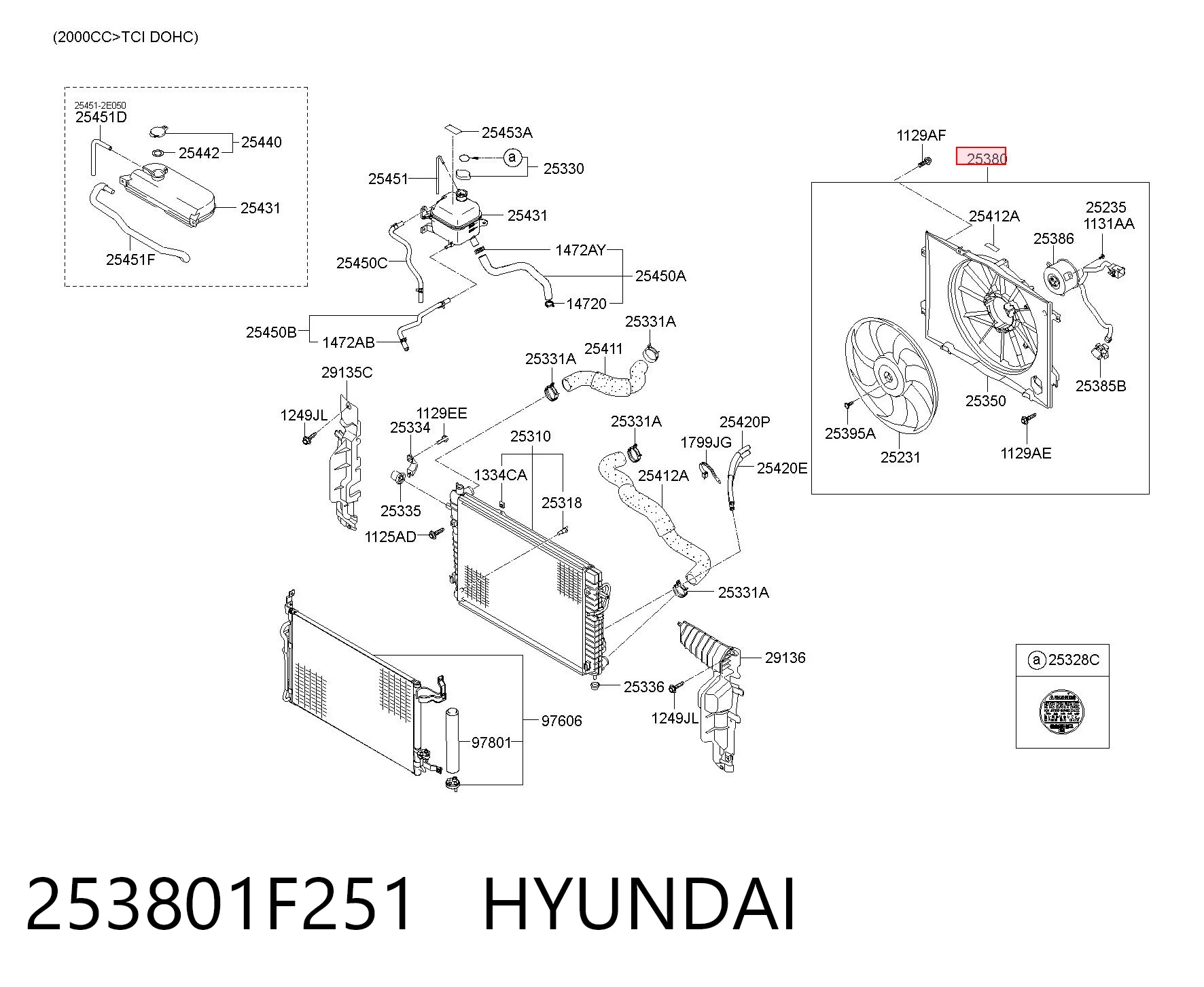 253801F251 Hyundai/Kia Difusor do radiador de esfriamento, montado com motor e roda de aletas