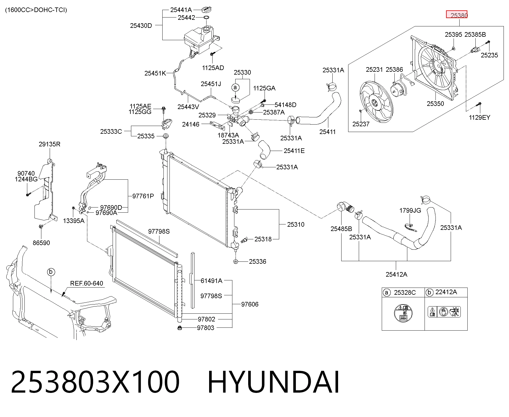 253803X100 Hyundai/Kia Difusor do radiador de esfriamento, montado com motor e roda de aletas