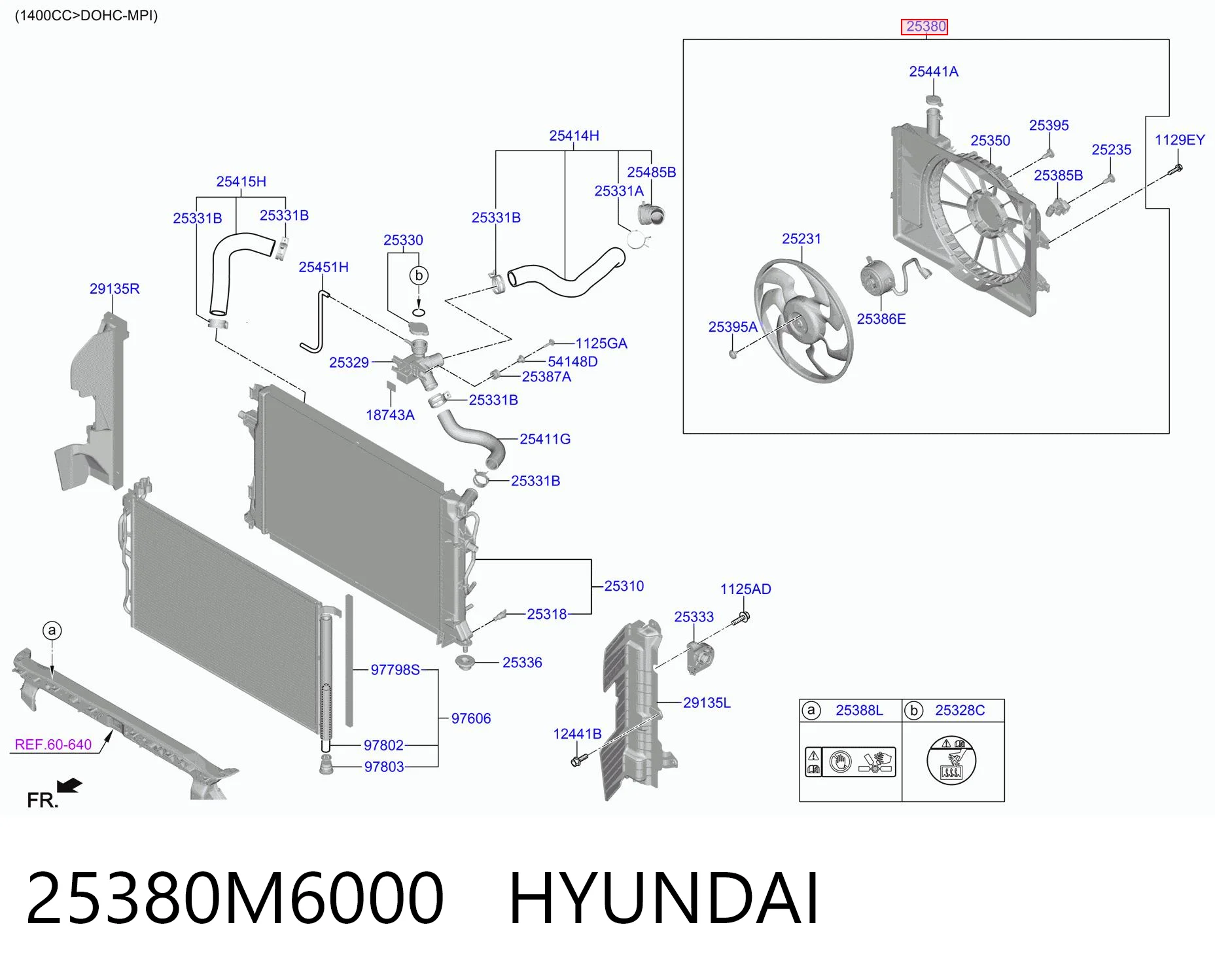 25380M6000 Hyundai/Kia Difusor do radiador de esfriamento, montado com motor e roda de aletas