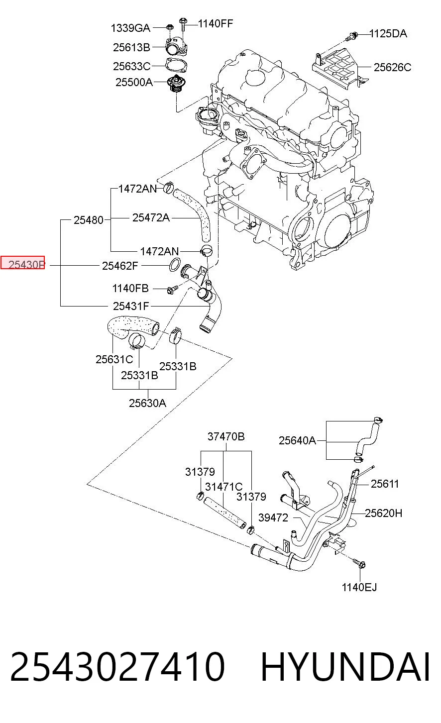 2543027410 Hyundai/Kia Mangueira (cano derivado) do sistema de esfriamento