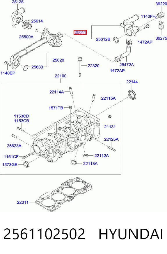 2561102502 Hyundai/Kia Flange do sistema de esfriamento (união em T)