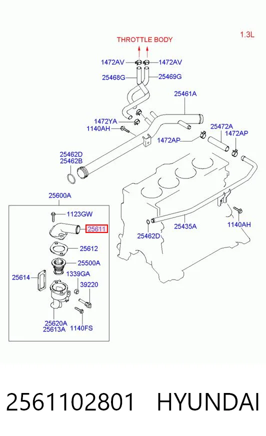 2561102801 Hyundai/Kia Flange do sistema de esfriamento (união em T)