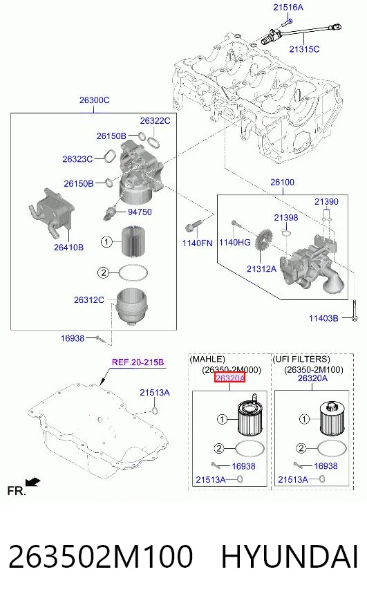 263502M100 Hyundai/Kia Filtro de óleo