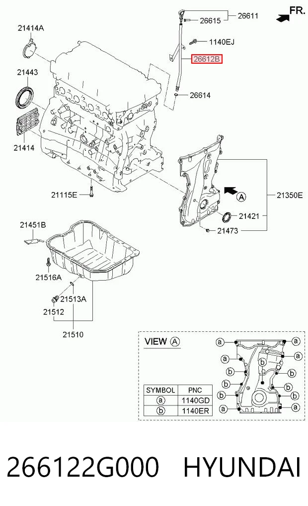 266122G000 Hyundai/Kia Guia de sonda indicador do nível de óleo no motor