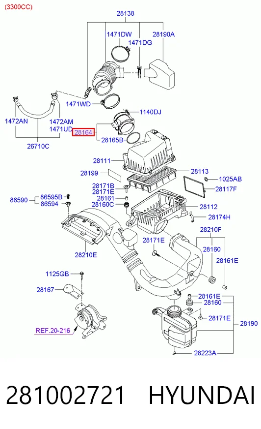 281002721 Hyundai/Kia Sensor de fluxo (consumo) de ar, medidor de consumo M.A.F. - (Mass Airflow)