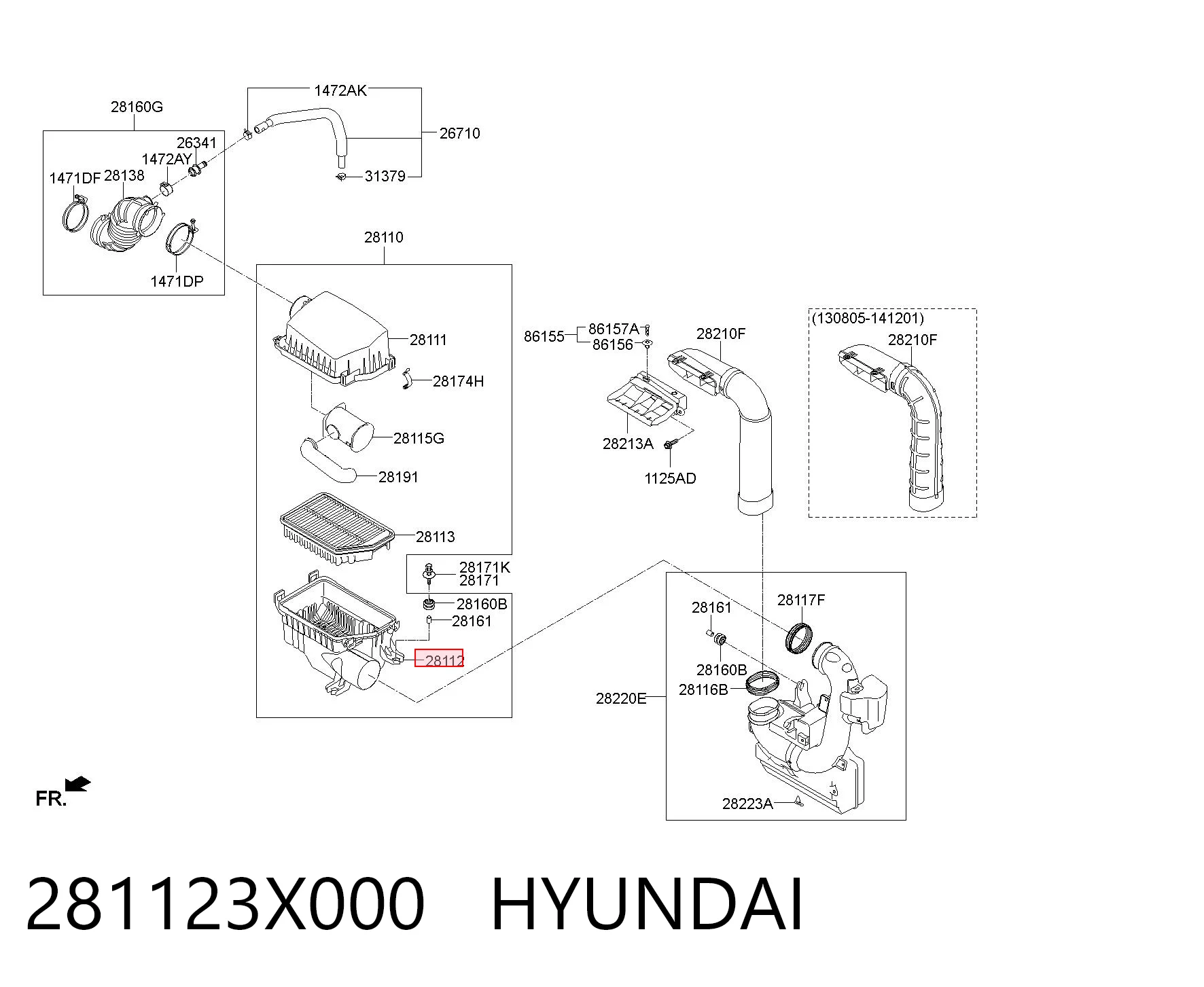 281123X000 Hyundai/Kia Caixa de filtro de ar, parte inferior