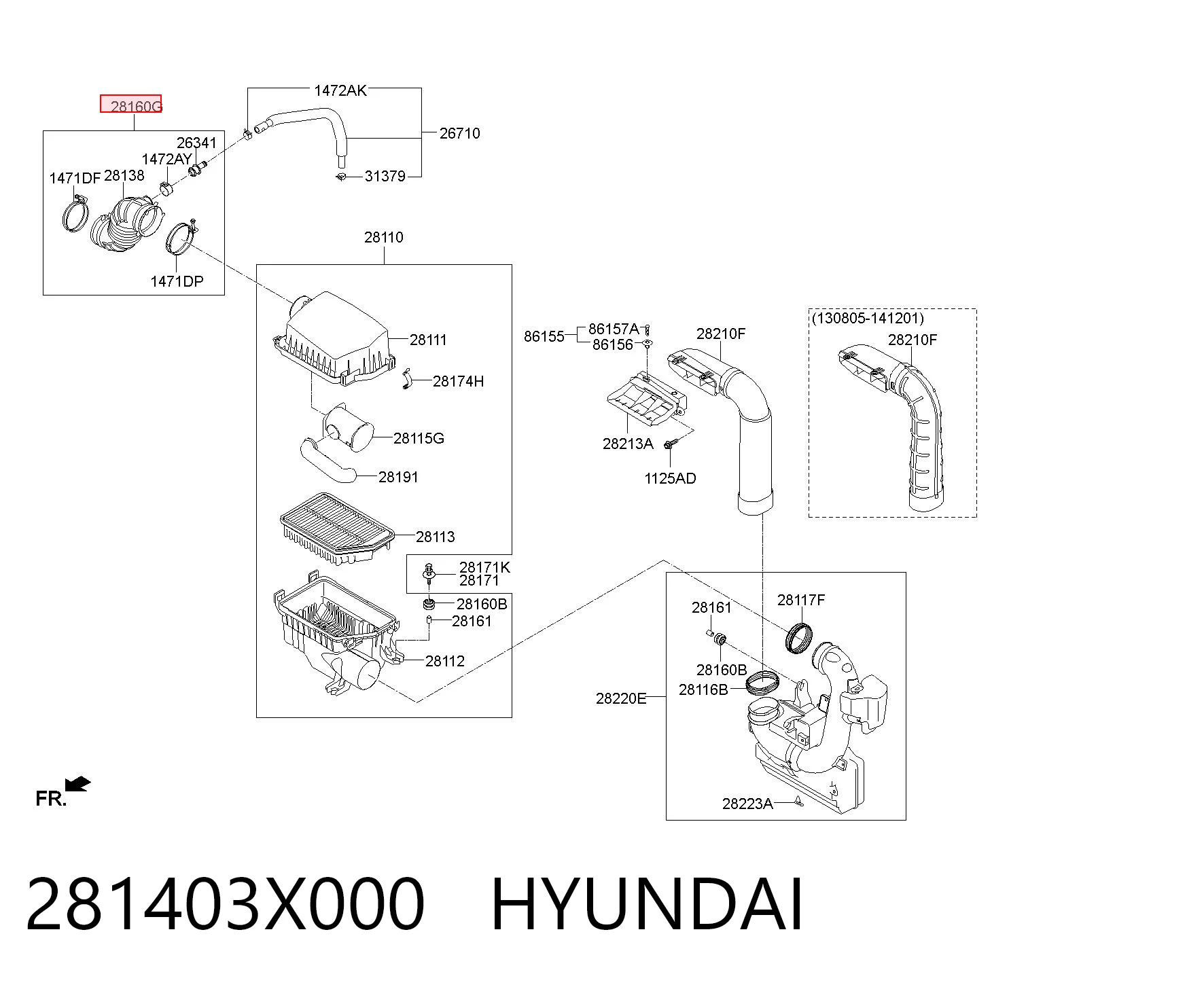 281403X000 Hyundai/Kia Cano derivado de ar, saída de filtro de ar