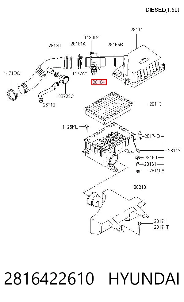 2816422610 Hyundai/Kia Sensor de fluxo (consumo) de ar, medidor de consumo M.A.F. - (Mass Airflow)