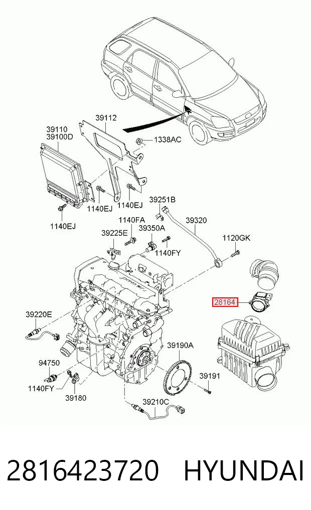 2816423720 Hyundai/Kia Sensor de fluxo (consumo) de ar, medidor de consumo M.A.F. - (Mass Airflow)
