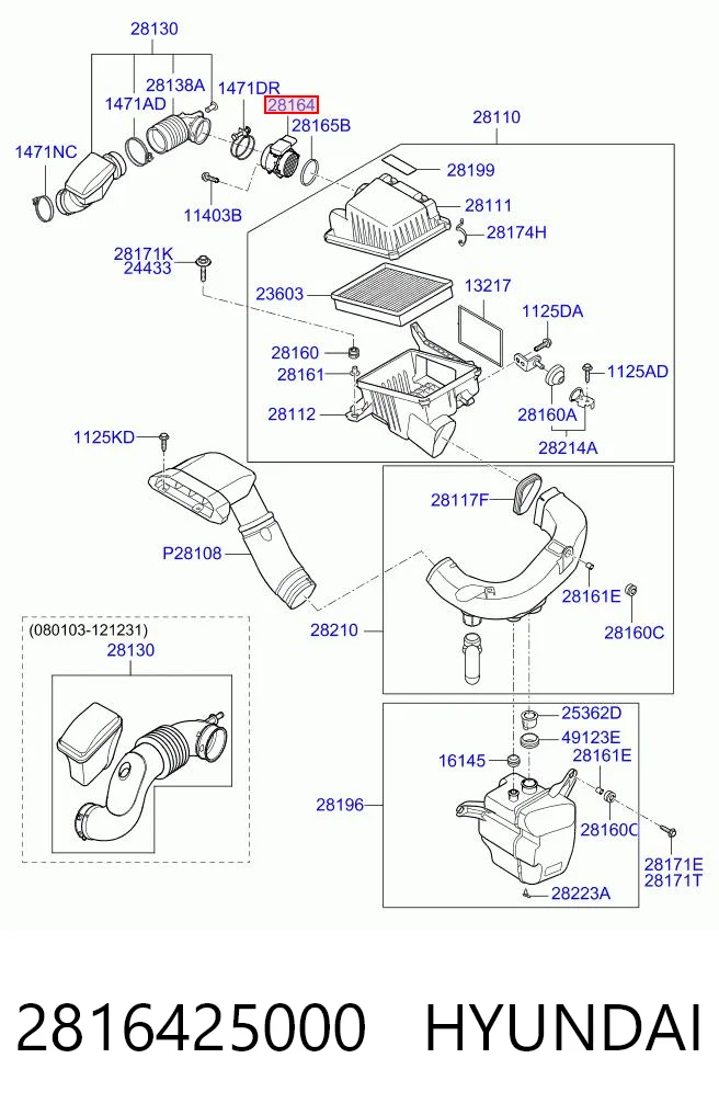 2816425000 Hyundai/Kia Sensor de fluxo (consumo) de ar, medidor de consumo M.A.F. - (Mass Airflow)