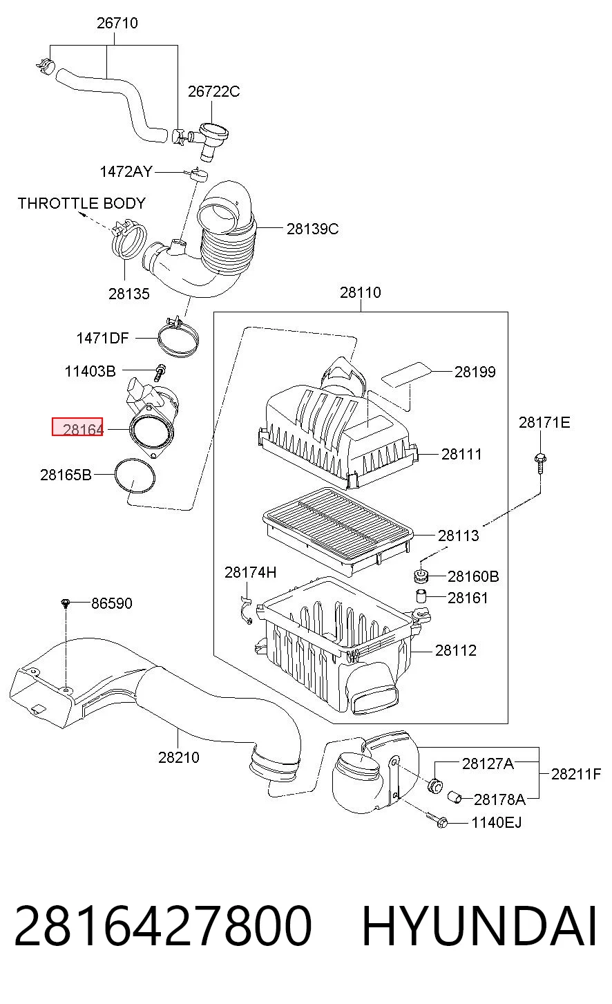 2816427800 Hyundai/Kia Sensor de fluxo (consumo) de ar, medidor de consumo M.A.F. - (Mass Airflow)