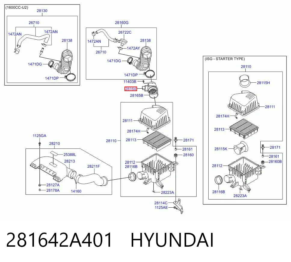 281642A401 Hyundai/Kia Sensor de fluxo (consumo) de ar, medidor de consumo M.A.F. - (Mass Airflow)