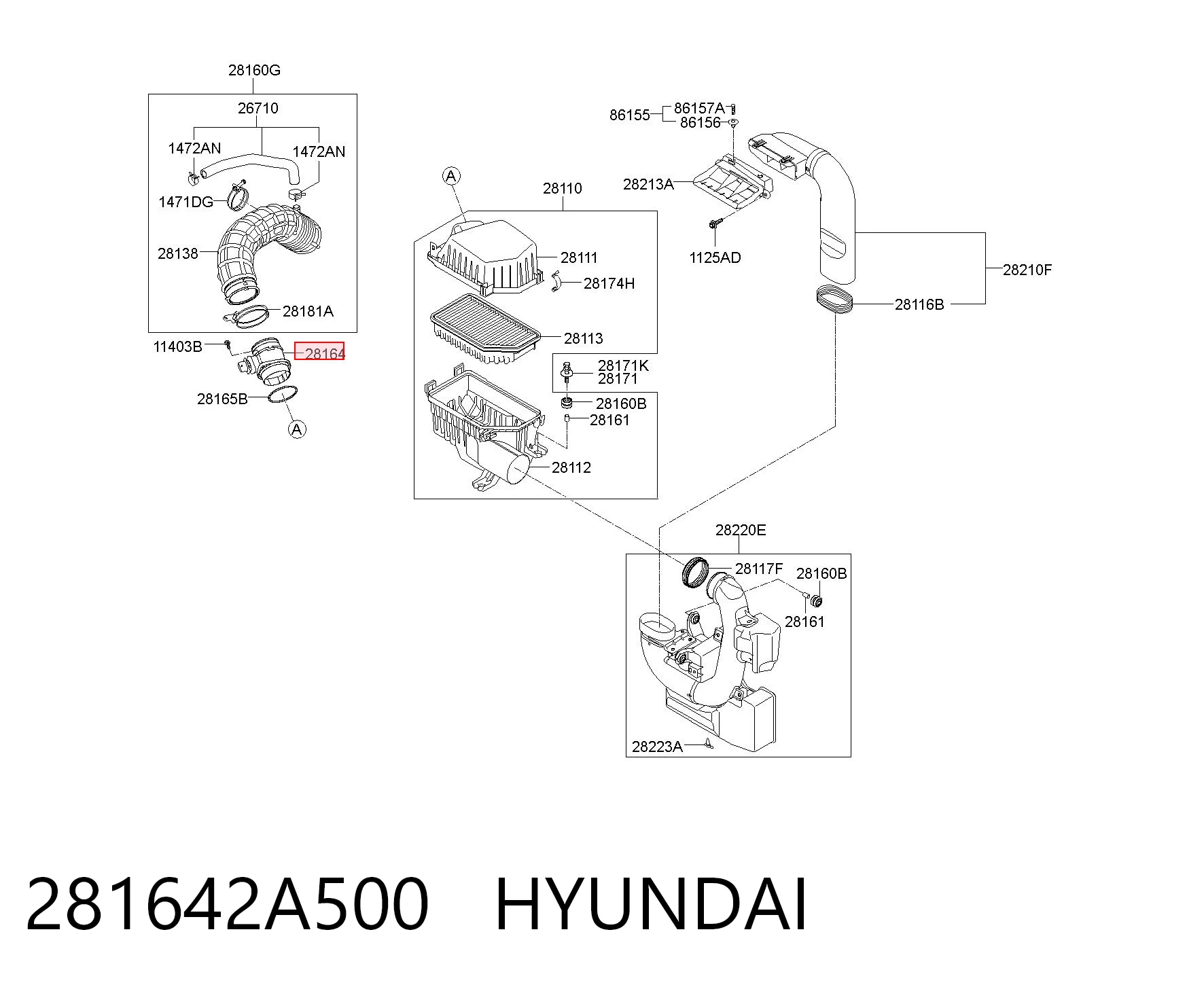 281642A500 Hyundai/Kia Sensor de fluxo (consumo) de ar, medidor de consumo M.A.F. - (Mass Airflow)