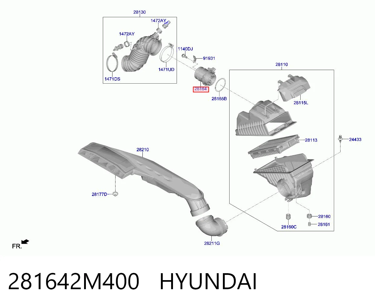 281642M400 Hyundai/Kia Sensor de fluxo (consumo) de ar, medidor de consumo M.A.F. - (Mass Airflow)