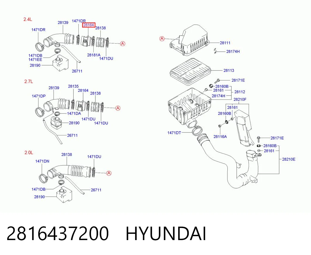2816437200 Hyundai/Kia Sensor de fluxo (consumo) de ar, medidor de consumo M.A.F. - (Mass Airflow)