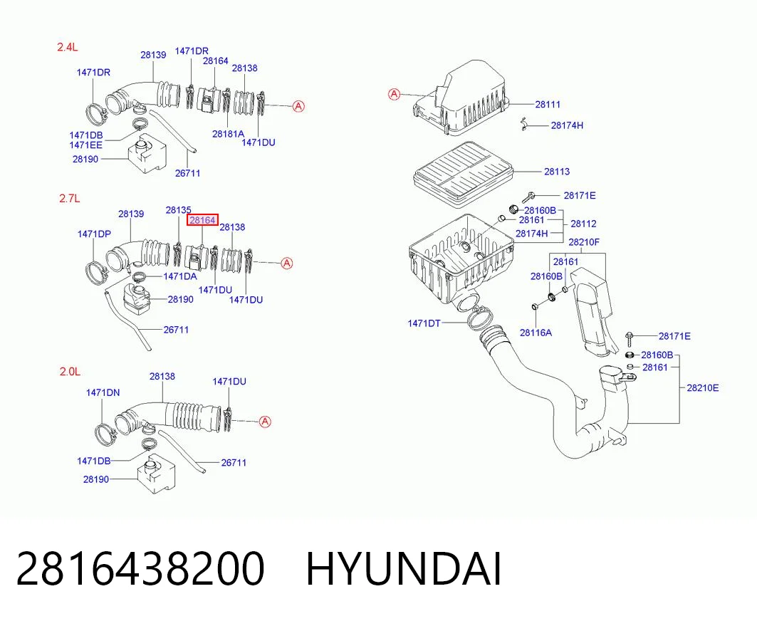 2816438200 Hyundai/Kia Sensor de fluxo (consumo) de ar, medidor de consumo M.A.F. - (Mass Airflow)