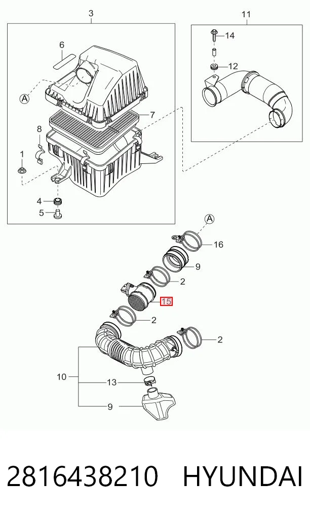 2816438210 Hyundai/Kia Sensor de fluxo (consumo) de ar, medidor de consumo M.A.F. - (Mass Airflow)