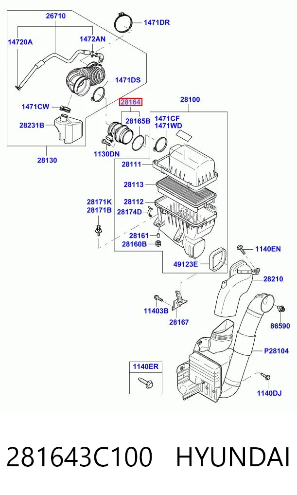 281643C100 Hyundai/Kia Sensor de fluxo (consumo) de ar, medidor de consumo M.A.F. - (Mass Airflow)