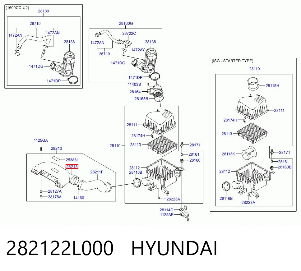282122L000 Hyundai/Kia Tomada de ar de filtro de ar