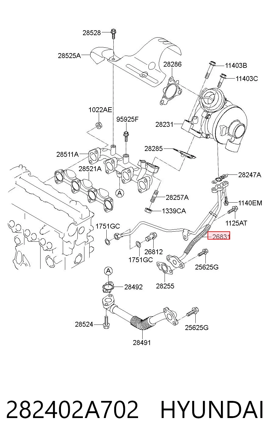 282402A702 Hyundai/Kia Tubo (mangueira) de fornecimento de óleo de turbina