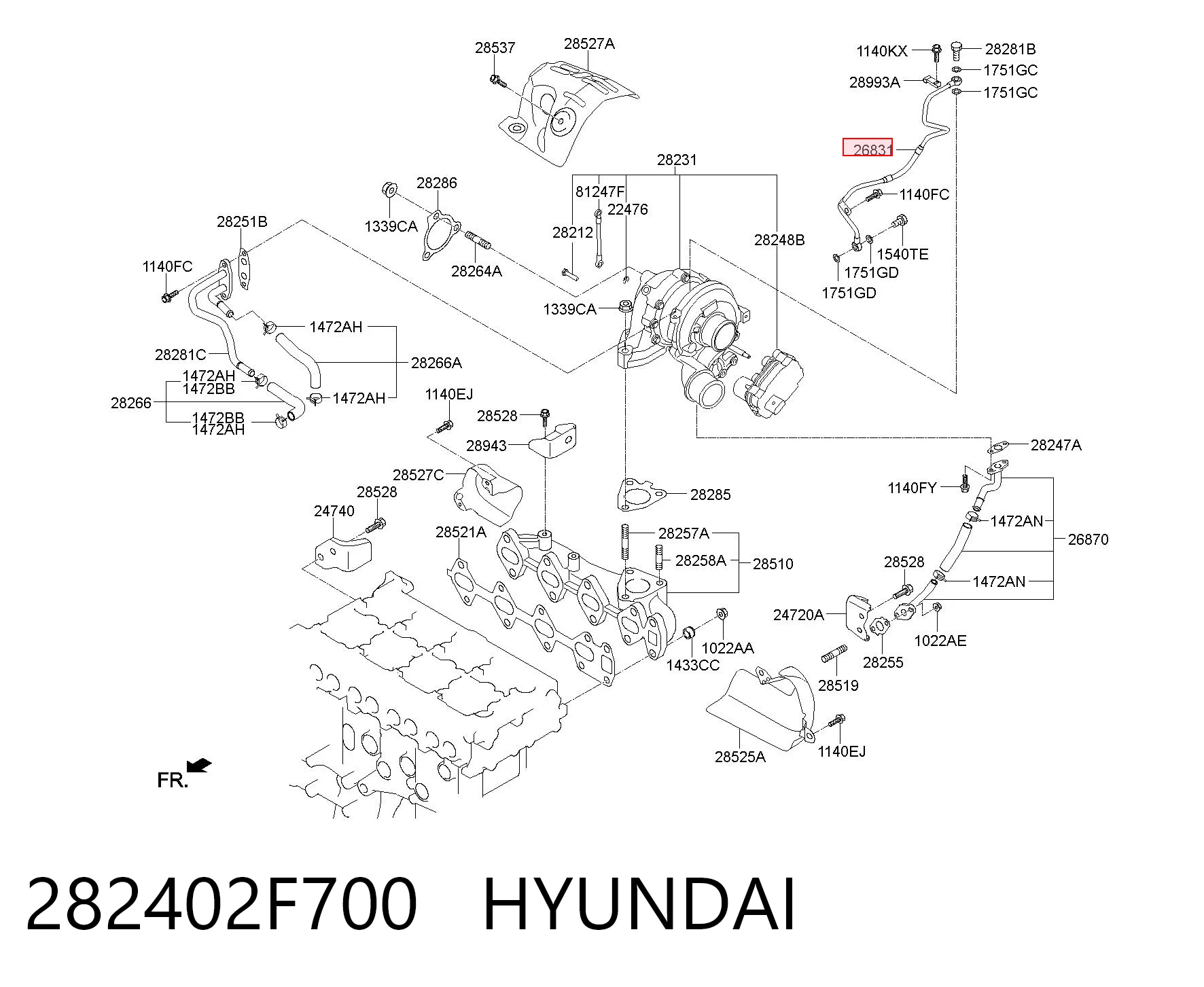 282402F700 Hyundai/Kia Tubo (mangueira) de fornecimento de óleo de turbina