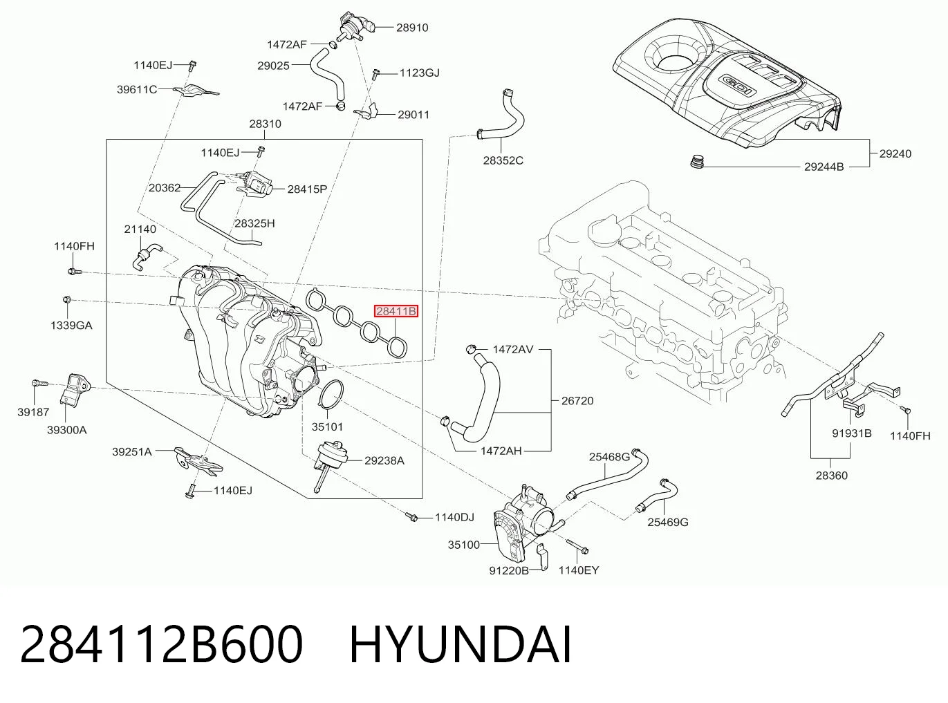 284112B600 Hyundai/Kia Vedante de tubo coletor de admissão