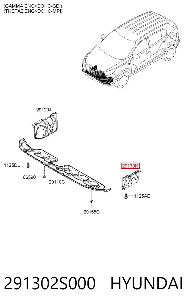 291302S000 Hyundai/Kia Proteção de motor esquerdo