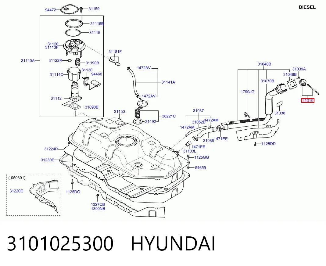 3101025300 Hyundai/Kia Tampa (tampão) do tanque de combustível