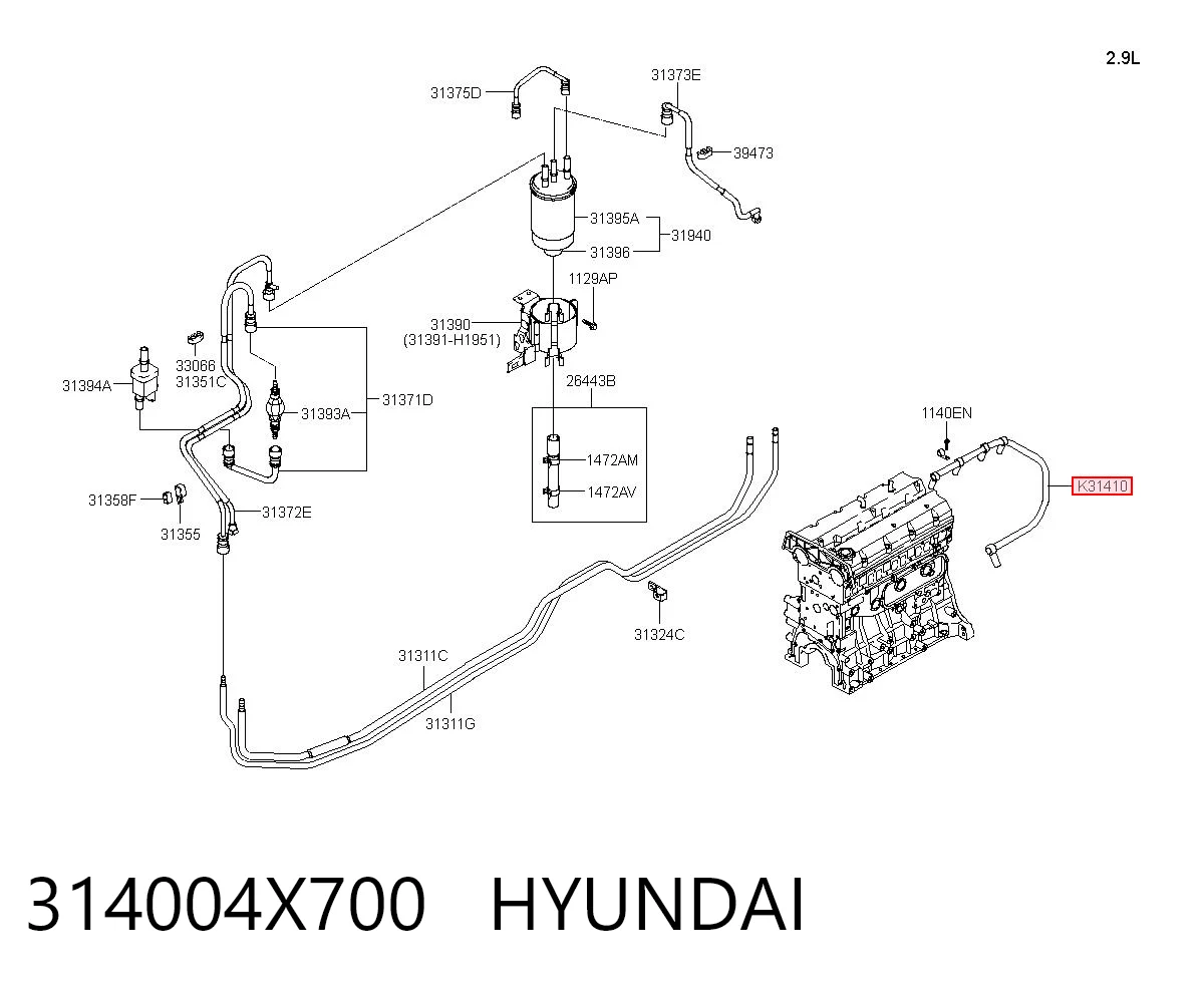 314004X700 Hyundai/Kia Tubo de combustível, inverso desde os injetores