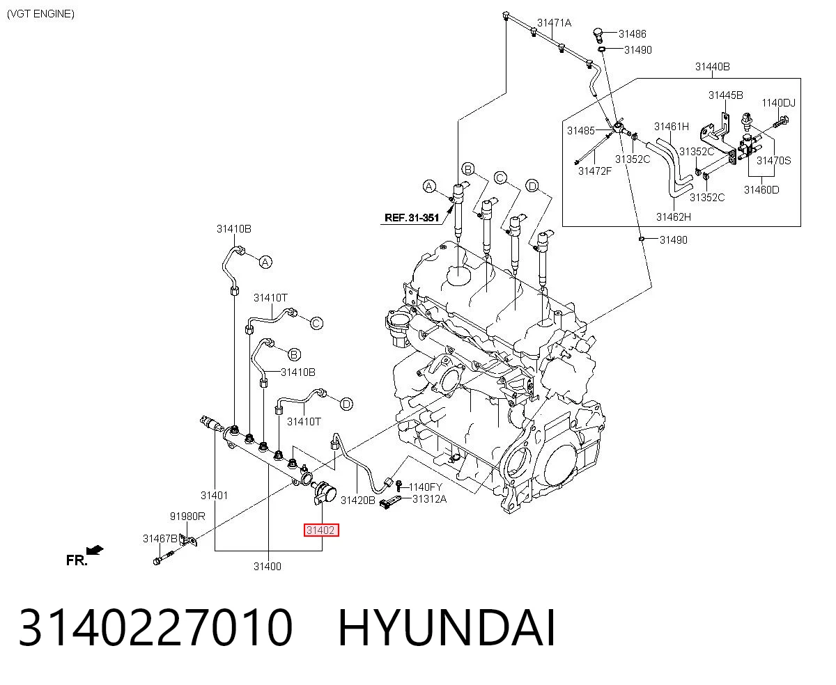 3140227010 Hyundai/Kia Regulador de pressão de combustível na régua de injectores