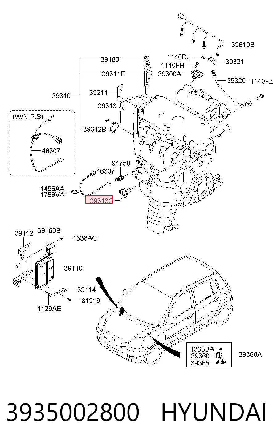3935002800 Hyundai/Kia Sensor de posição da árvore distribuidora