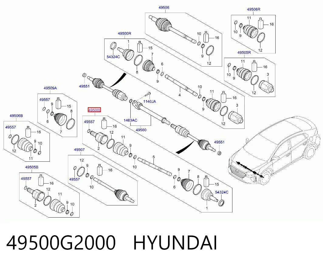 49500G2000 Hyundai/Kia Semieixo (acionador) dianteiro esquerdo