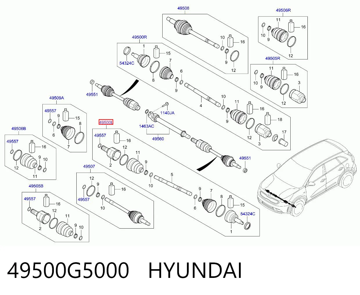 49500G5000 Hyundai/Kia Semieixo (acionador) dianteiro esquerdo