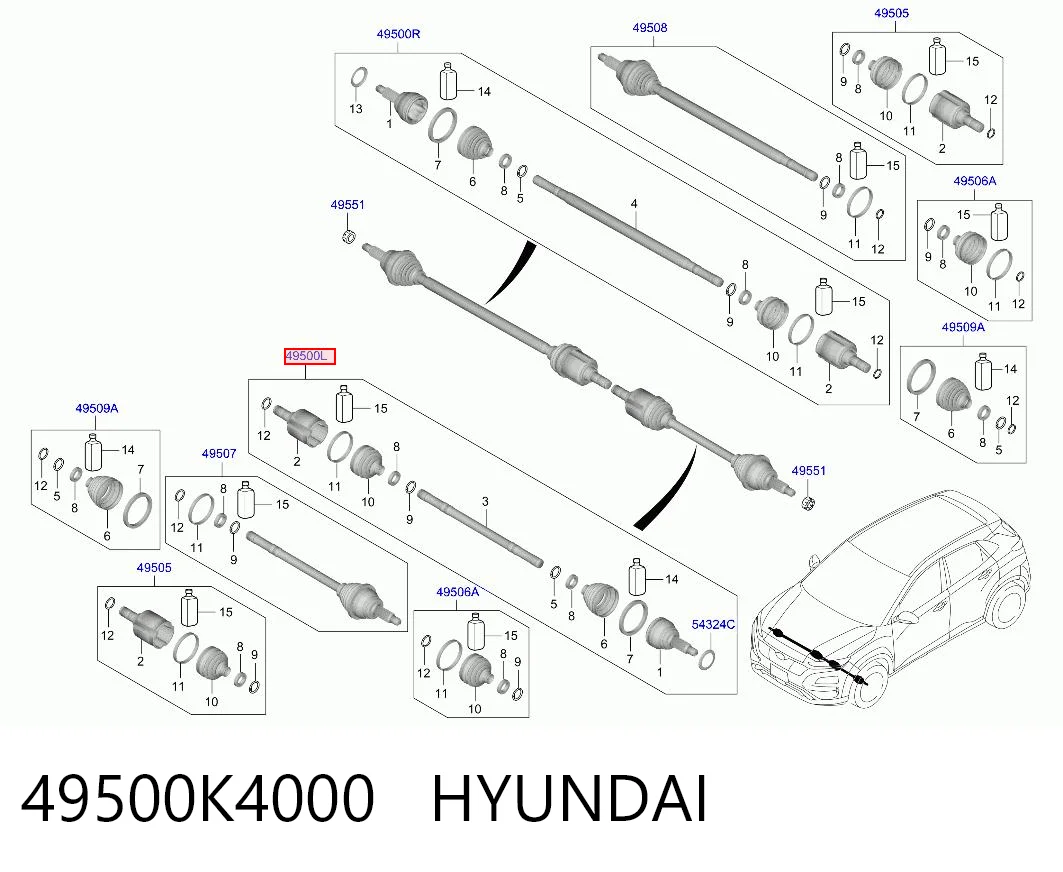 49500K4000 Hyundai/Kia Semieixo (acionador) dianteiro esquerdo