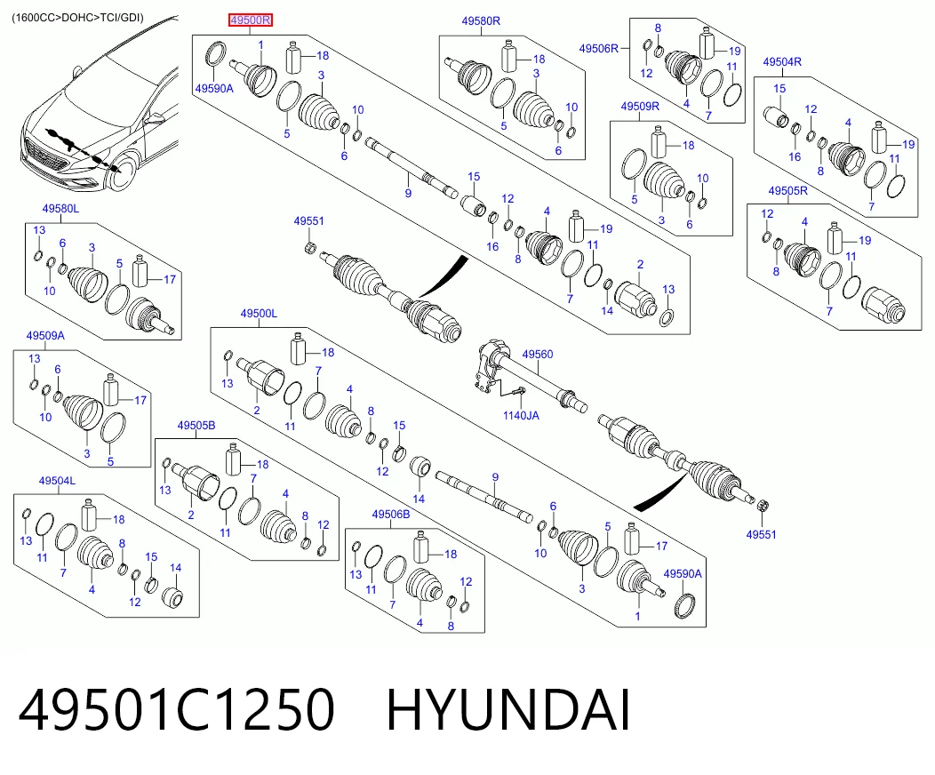49501C1250 Hyundai/Kia Semieixo (acionador) dianteiro direito
