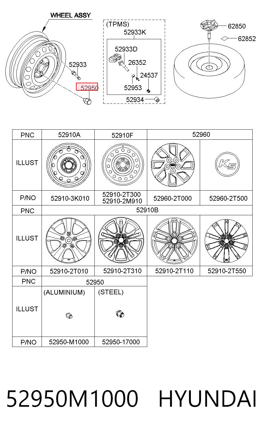 52950M1000 Hyundai/Kia Porca de roda