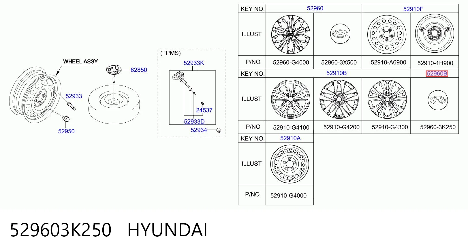 529603K250 Hyundai/Kia Coberta de disco de roda