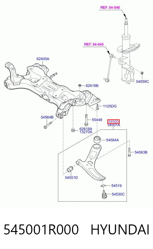545001R000 Hyundai/Kia Braço oscilante inferior esquerdo de suspensão dianteira