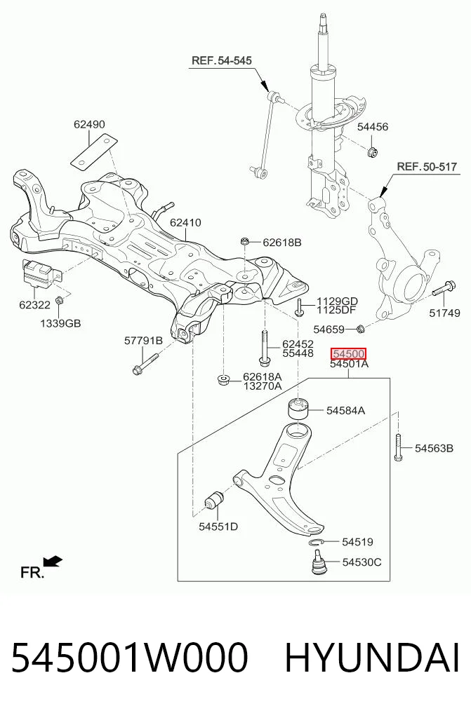 545001W000 Hyundai/Kia Braço oscilante inferior esquerdo de suspensão dianteira